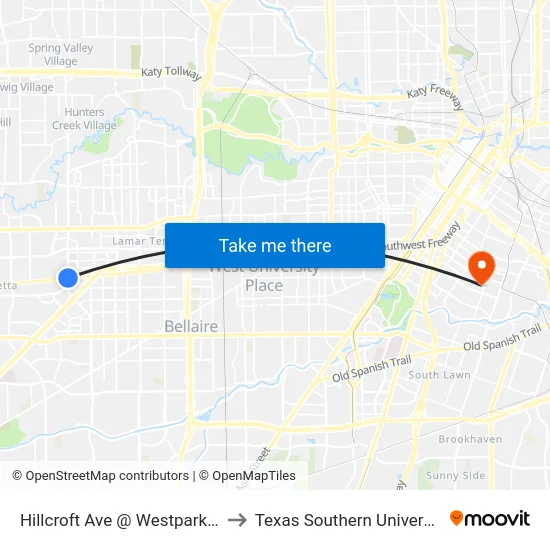 Hillcroft Ave @ Westpark Dr to Texas Southern University map