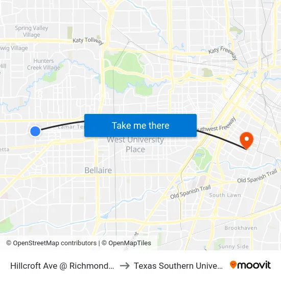 Hillcroft Ave @ Richmond Ave to Texas Southern University map
