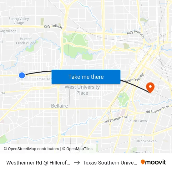 Westheimer Rd @ Hillcroft Ave to Texas Southern University map