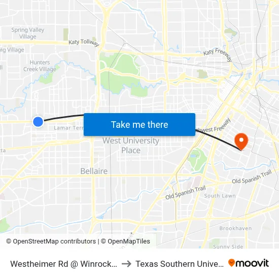 Westheimer Rd @ Winrock Blvd to Texas Southern University map