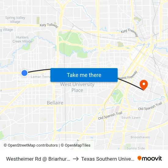 Westheimer Rd @ Briarhurst Dr to Texas Southern University map