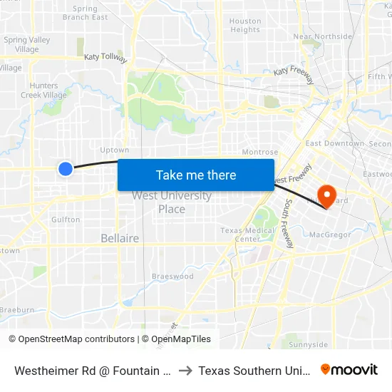 Westheimer Rd @ Fountain View Dr to Texas Southern University map