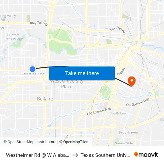 Westheimer Rd @ W Alabama St to Texas Southern University map