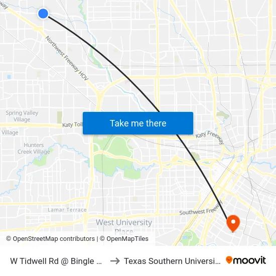 W Tidwell Rd @ Bingle Rd to Texas Southern University map