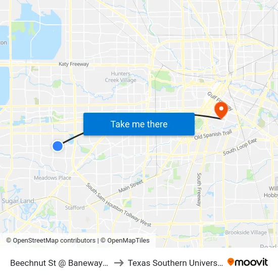 Beechnut St @ Baneway Dr to Texas Southern University map