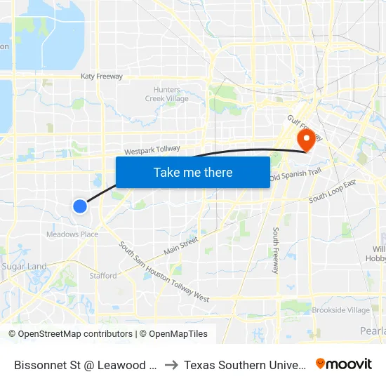Bissonnet St @ Leawood Blvd to Texas Southern University map