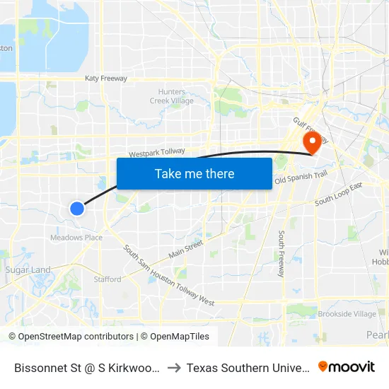 Bissonnet St @ S Kirkwood Rd to Texas Southern University map
