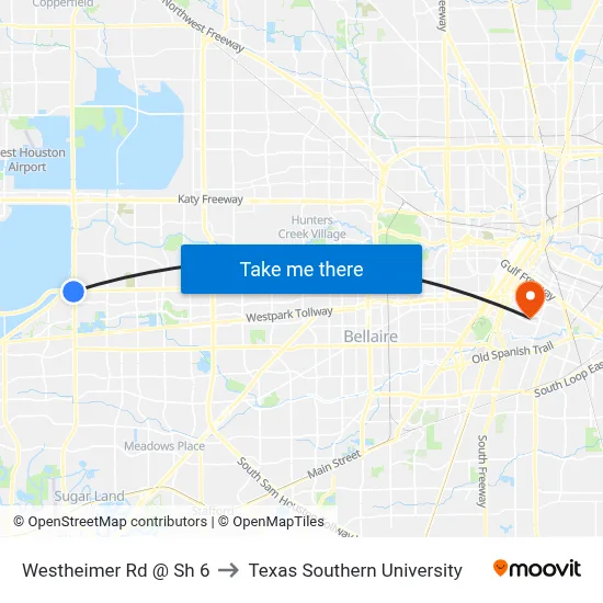 Westheimer Rd @ Sh 6 to Texas Southern University map