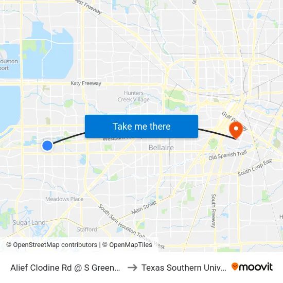 Alief Clodine Rd @ S Greenpark Dr to Texas Southern University map