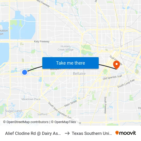 Alief Clodine Rd @ Dairy Ashford Rd to Texas Southern University map