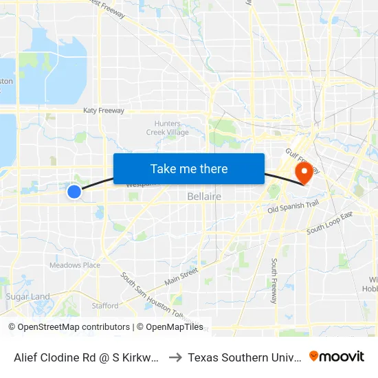 Alief Clodine Rd @ S Kirkwood Rd to Texas Southern University map