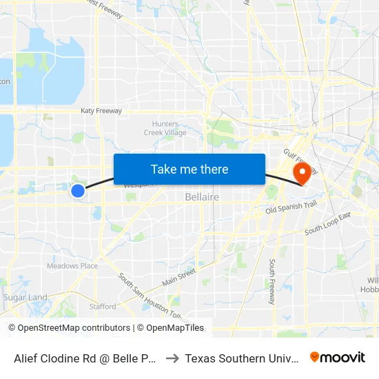 Alief Clodine Rd @ Belle Park Dr to Texas Southern University map
