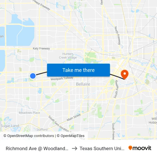 Richmond Ave @ Woodland Park Dr to Texas Southern University map