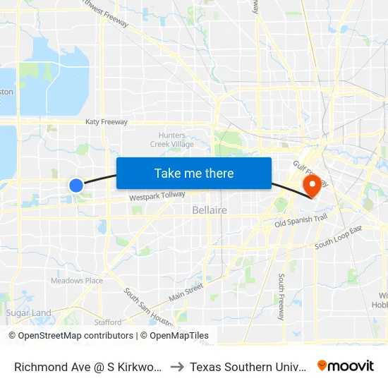 Richmond Ave @ S Kirkwood Rd to Texas Southern University map