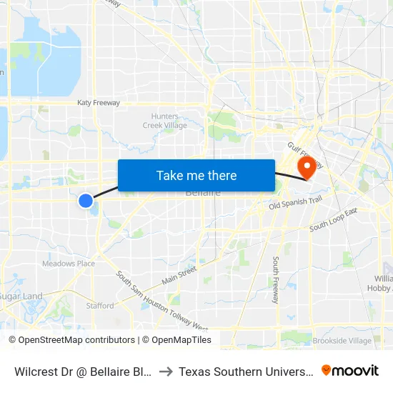 Wilcrest Dr @ Bellaire Blvd to Texas Southern University map