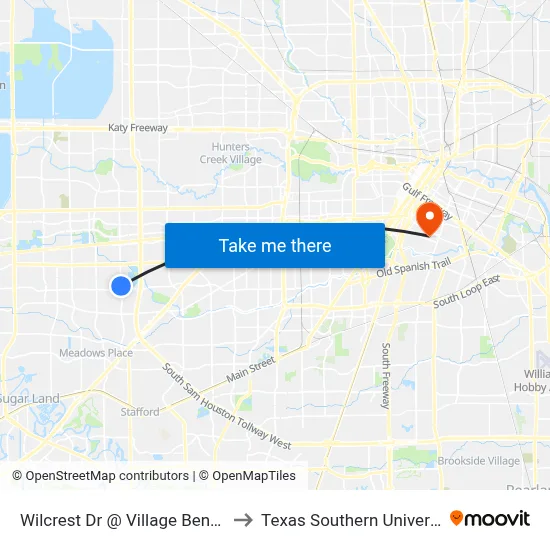 Wilcrest Dr @ Village Bend Ln to Texas Southern University map