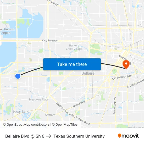 Bellaire Blvd @ Sh 6 to Texas Southern University map