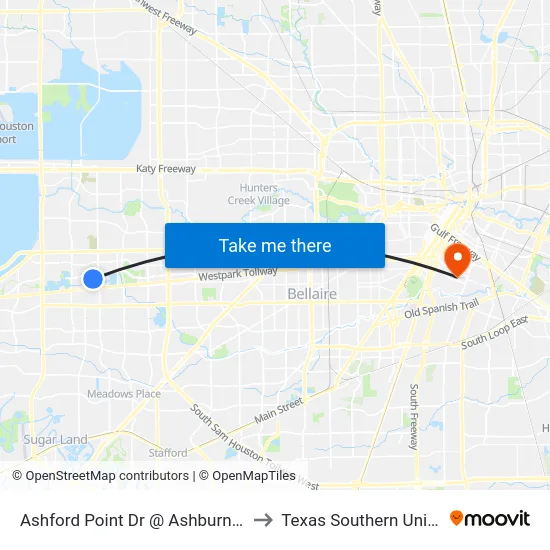 Ashford Point Dr @ Ashburnham MB to Texas Southern University map