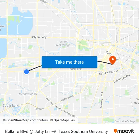 Bellaire Blvd @ Jetty Ln to Texas Southern University map