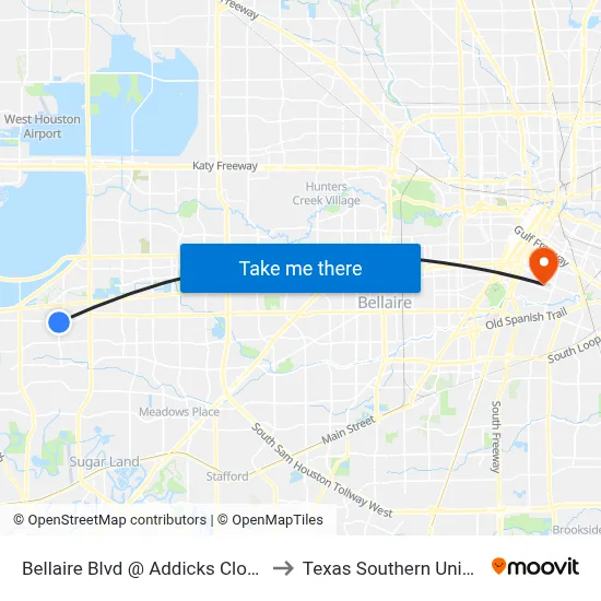 Bellaire Blvd @ Addicks Clodine Rd to Texas Southern University map
