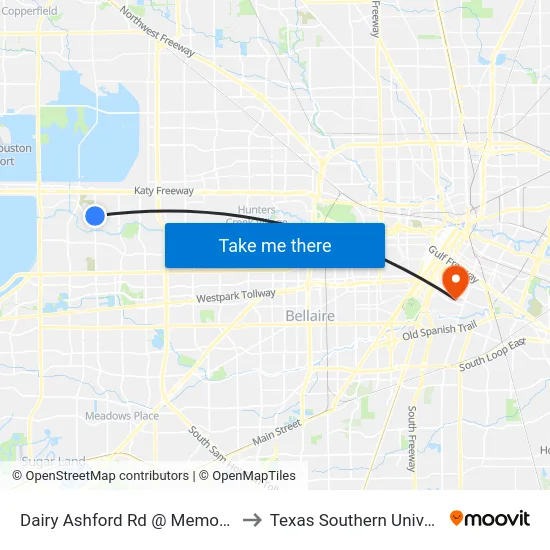 Dairy Ashford Rd @ Memorial Dr to Texas Southern University map