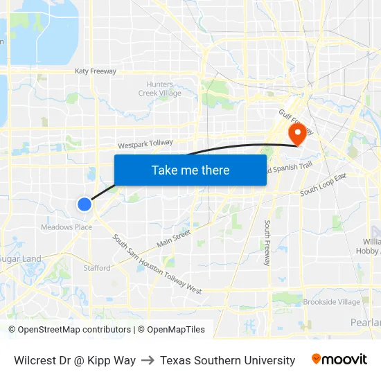 Wilcrest Dr @ Kipp Way to Texas Southern University map
