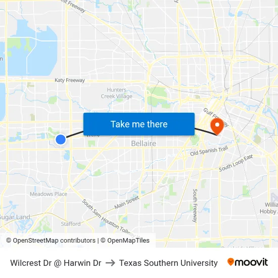 Wilcrest Dr @ Harwin Dr to Texas Southern University map