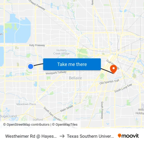 Westheimer Rd @ Hayes Rd to Texas Southern University map