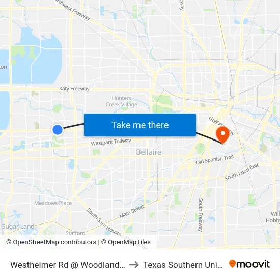 Westheimer Rd @ Woodland Park Dr to Texas Southern University map