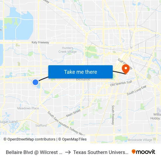 Bellaire Blvd @ Wilcrest Dr to Texas Southern University map