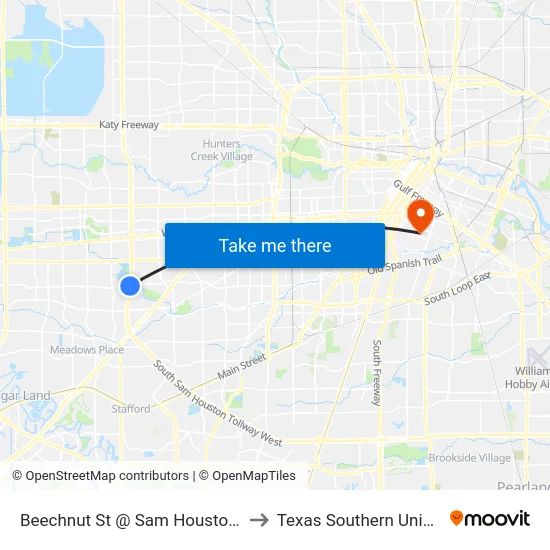 Beechnut St @ Sam Houston Pkwy to Texas Southern University map