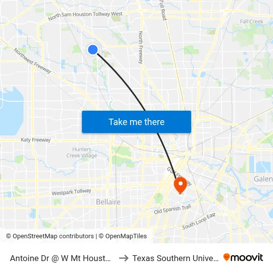 Antoine Dr @ W Mt Houston Rd to Texas Southern University map