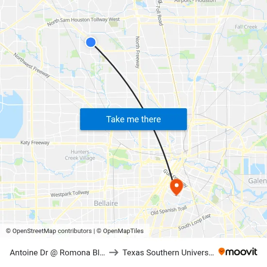 Antoine Dr @ Romona Blvd to Texas Southern University map