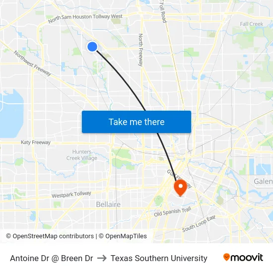 Antoine Dr @ Breen Dr to Texas Southern University map