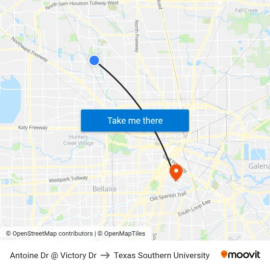 Antoine Dr @ Victory Dr to Texas Southern University map