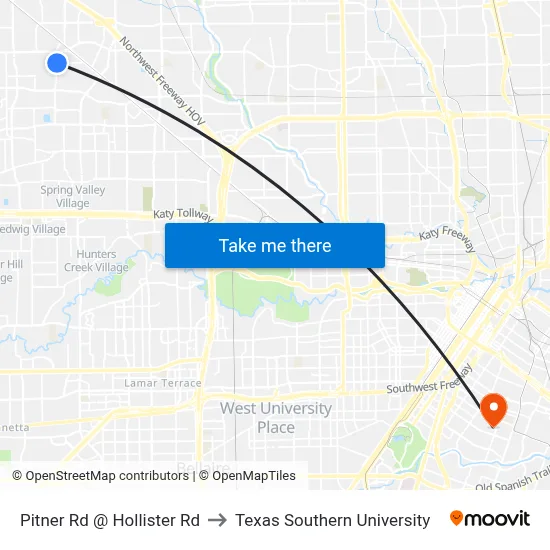 Pitner Rd @ Hollister Rd to Texas Southern University map