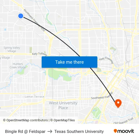 Bingle Rd @ Feldspar to Texas Southern University map
