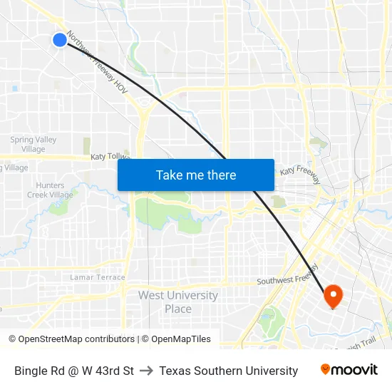 Bingle Rd @ W 43rd St to Texas Southern University map