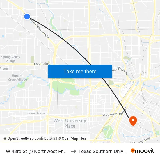 W 43rd St @ Northwest Freeway to Texas Southern University map