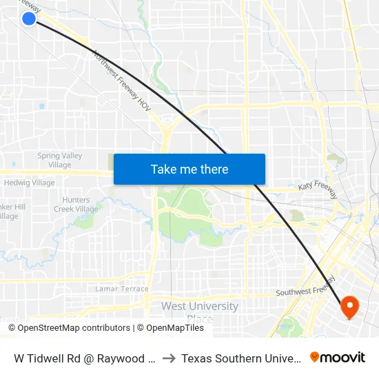 W Tidwell Rd @ Raywood Blvd to Texas Southern University map