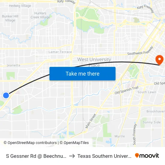 S Gessner Rd @ Beechnut St to Texas Southern University map