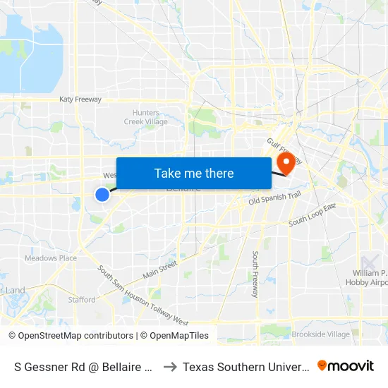 S Gessner Rd @ Bellaire Blvd to Texas Southern University map