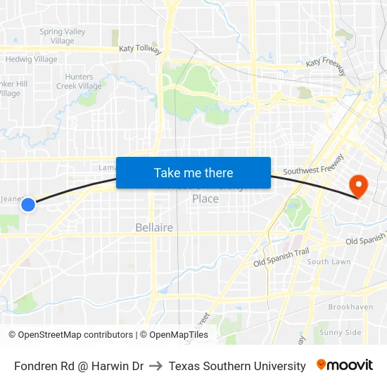 Fondren Rd @ Harwin Dr to Texas Southern University map