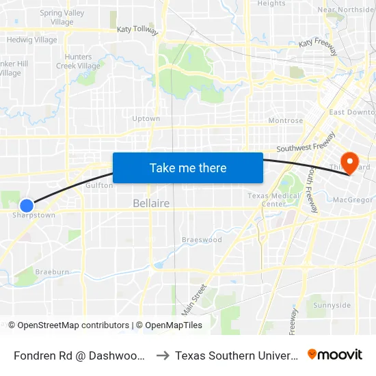 Fondren Rd @ Dashwood Dr to Texas Southern University map