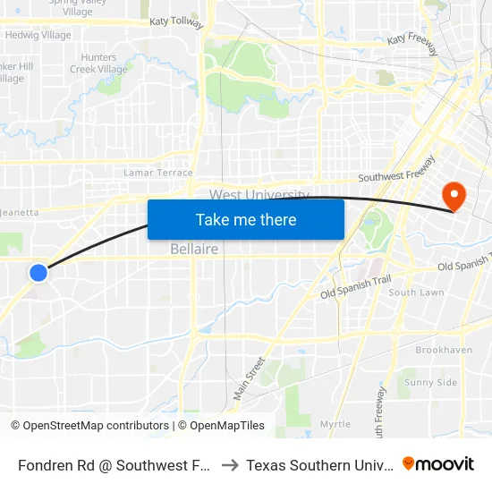 Fondren Rd @ Southwest Freeway to Texas Southern University map