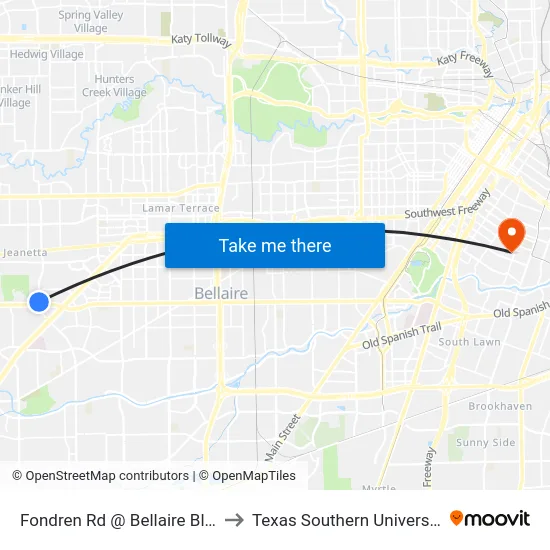 Fondren Rd @ Bellaire Blvd to Texas Southern University map