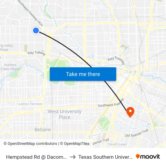 Hempstead Rd @ Dacoma St to Texas Southern University map