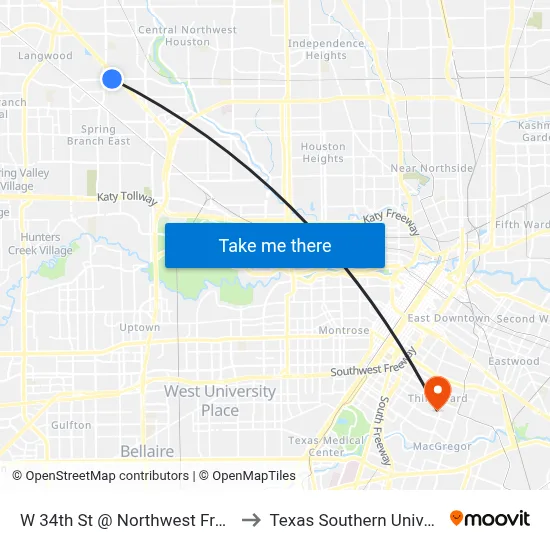 W 34th St @ Northwest Freeway to Texas Southern University map