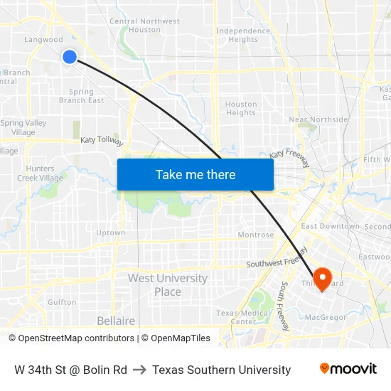 W 34th St @ Bolin Rd to Texas Southern University map