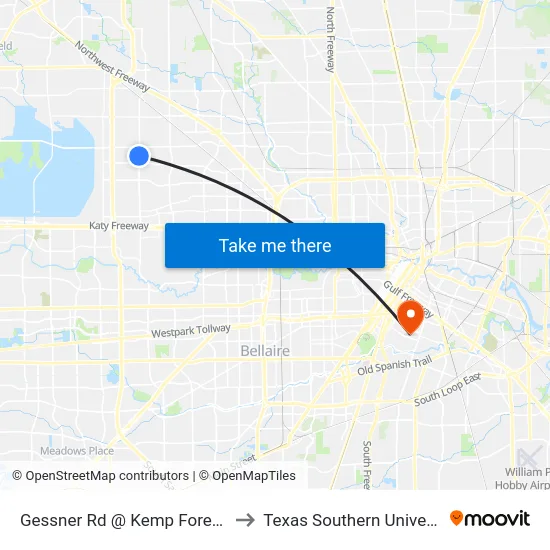 Gessner Rd @ Kemp Forest Dr to Texas Southern University map